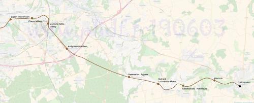 La section Chessy-Coulommiers de la branche Coulommiers du RER G. Cliquer pour agrandir.