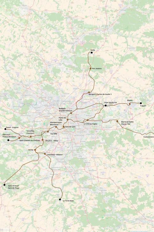 Tracé complet du RER G. Cliquer pour agrandir.